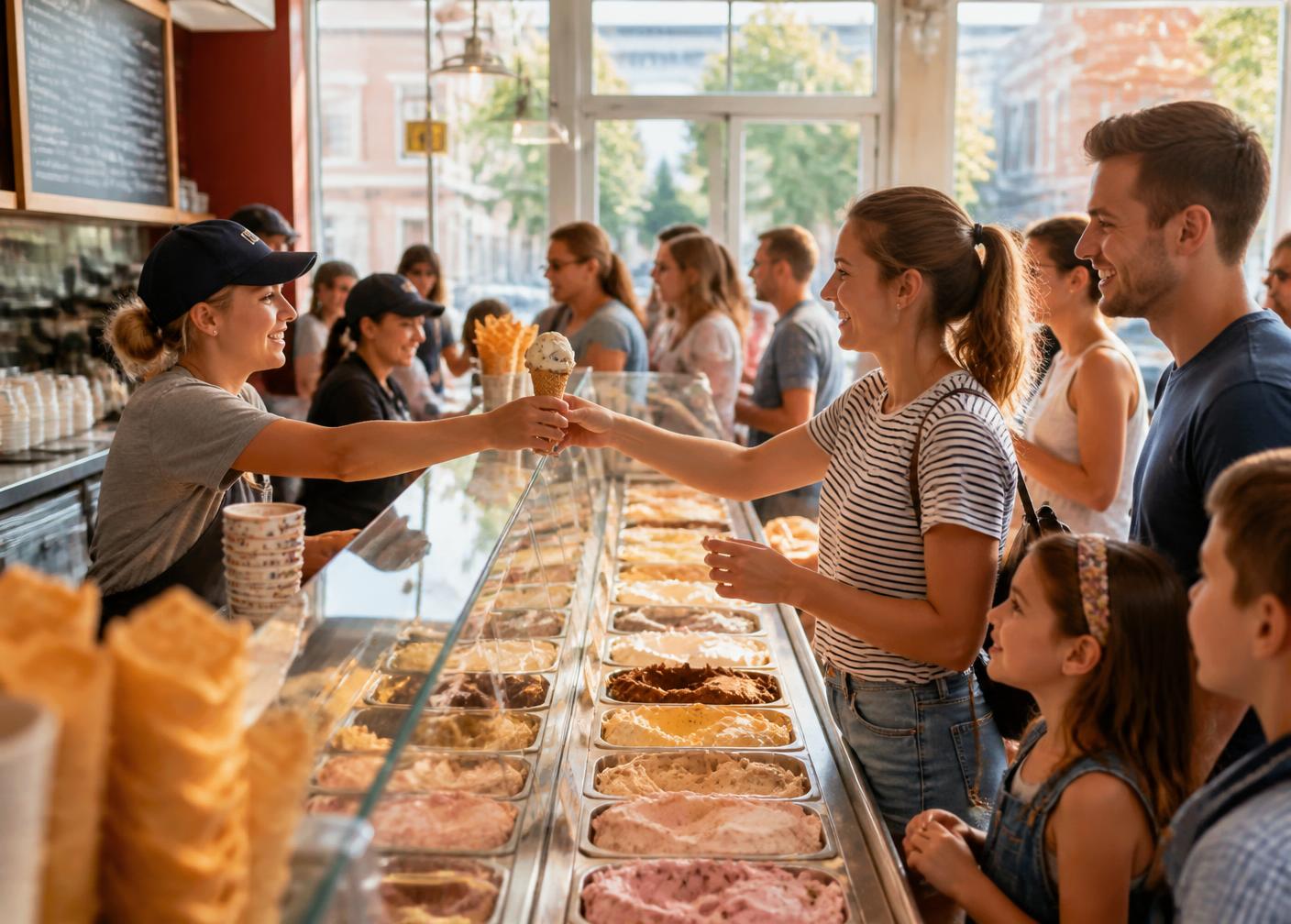 A busy ice cream shop with customers lined up at the counter