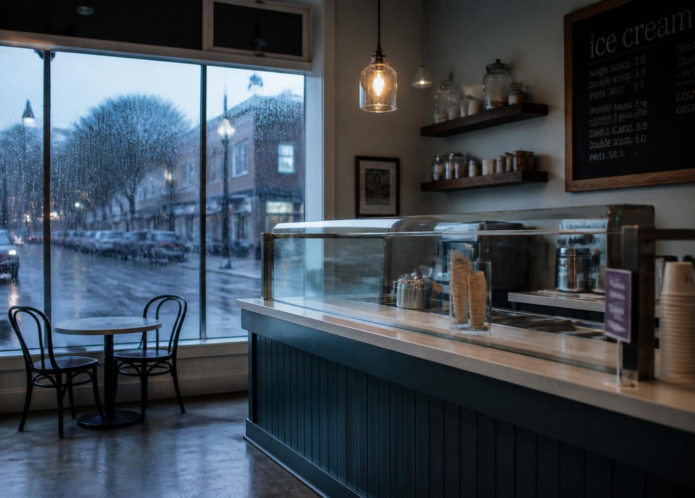 An empty ice cream shop with rain running down the front window