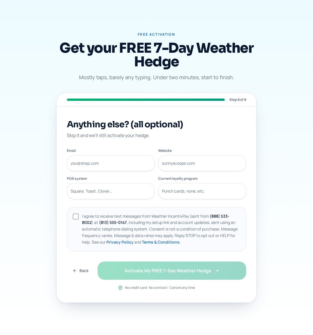 Step 8 of the Weather IncentivPay activation form showing the unchecked SMS consent checkbox with full TCPA disclosure language